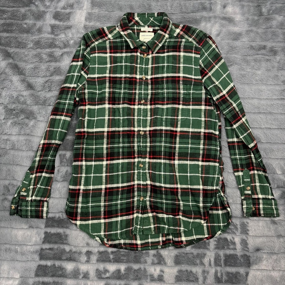 American Eagle Green Plaid Flannel Shirt Boyfriend Fit Cotton Button Down M
